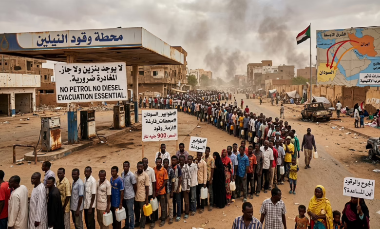 أزمة الوقود في السودان مع طوابير المواطنين وارتفاع الأسعار، وخريطة توضح تأثير حرب إيران على المنطقة.