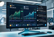 شاشة تعرض تحليلات أسعار العملات المشفرة مع تغريدات تويتر، تبين الترند والزخم الاجتماعي للعملات الرقمية.