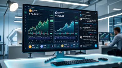 شاشة تعرض تحليلات أسعار العملات المشفرة مع تغريدات تويتر، تبين الترند والزخم الاجتماعي للعملات الرقمية.