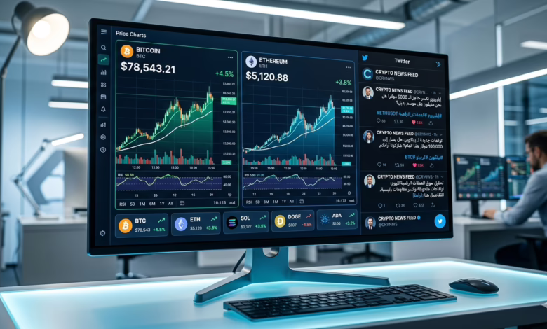 شاشة تعرض تحليلات أسعار العملات المشفرة مع تغريدات تويتر، تبين الترند والزخم الاجتماعي للعملات الرقمية.