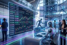 عملات الذكاء الاصطناعي AI Coins مع مخططات الأسعار والروبوتات، توضح الترند الرقمي للذكاء الاصطناعي في السوق.