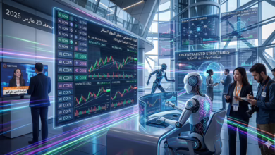 عملات الذكاء الاصطناعي AI Coins مع مخططات الأسعار والروبوتات، توضح الترند الرقمي للذكاء الاصطناعي في السوق.