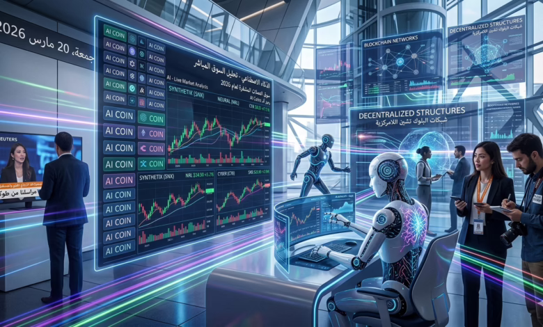 عملات الذكاء الاصطناعي AI Coins مع مخططات الأسعار والروبوتات، توضح الترند الرقمي للذكاء الاصطناعي في السوق.