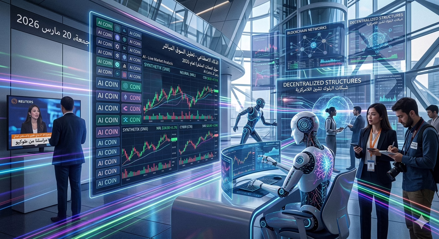 عملات الذكاء الاصطناعي AI Coins مع مخططات الأسعار والروبوتات، توضح الترند الرقمي للذكاء الاصطناعي في السوق.